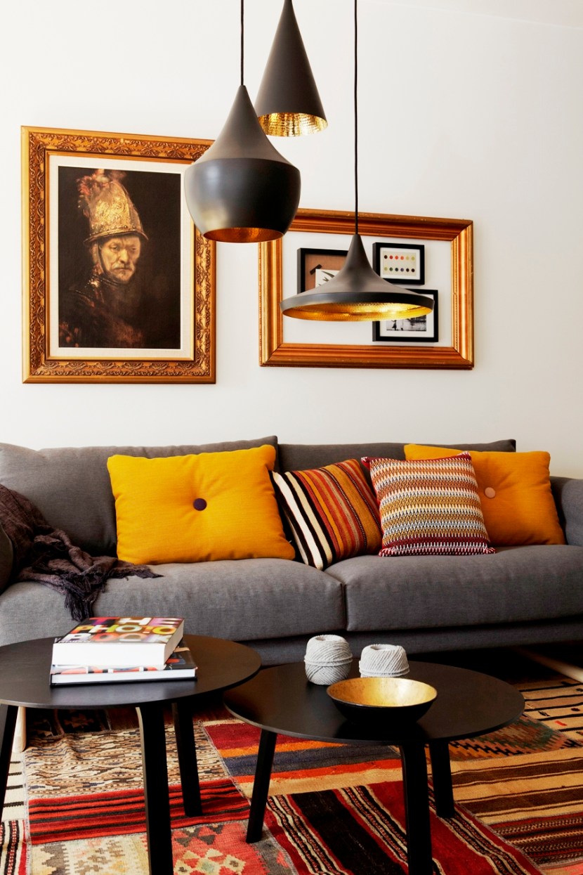 likeable-brown-pendant-lamps-above-the-round-dark-tables-mixed-with-gray-sofa-with-yellow-pillows-and-assorted-tile-of-carpet